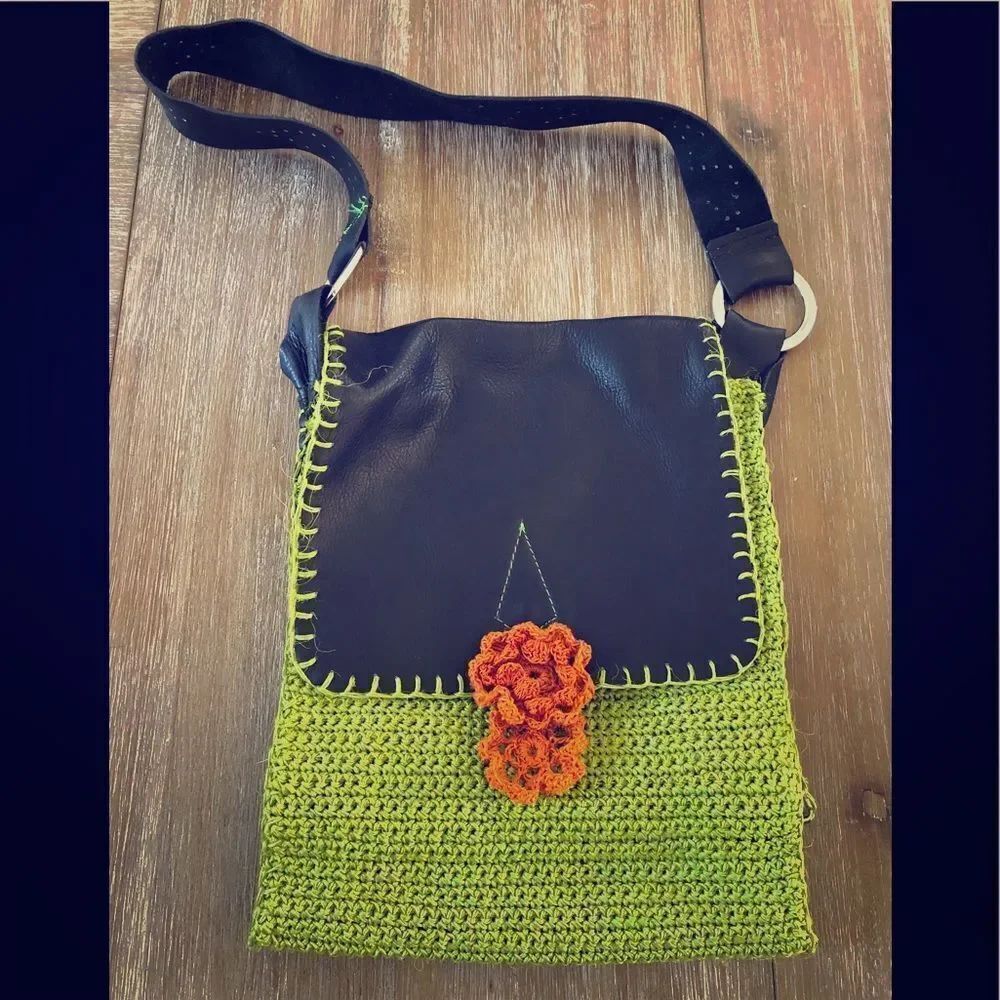Leather and crochet crossbody bag